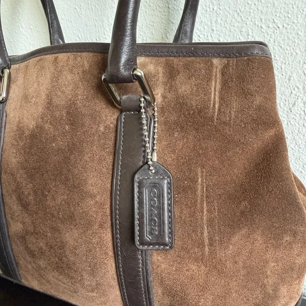 Coach Vtg Y2K 2000s Chocolate Brown Suede Hamptons Leather Trim Satchel Tote Bag